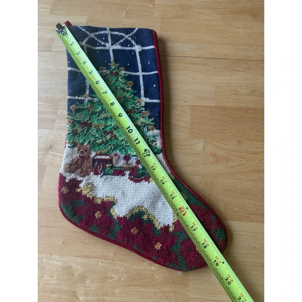 Needlepoint Christmas Stocking With Tree Toys Bear Doll Train Velvet Back Wool